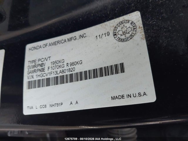 Продажа на аукционе авто 2020 Honda Accord, vin: 1HGCV1F13LA801820, номер лота: 12675789