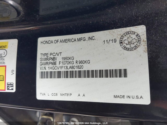 Продажа на аукционе авто 2020 Honda Accord, vin: 1HGCV1F13LA801820, номер лота: 12675789