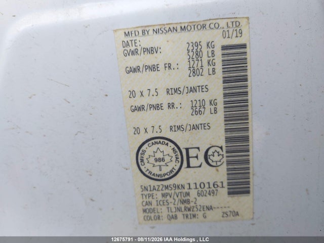 5N1AZ2MS9KN110161 Nissan Murano Platinum/sl/sv