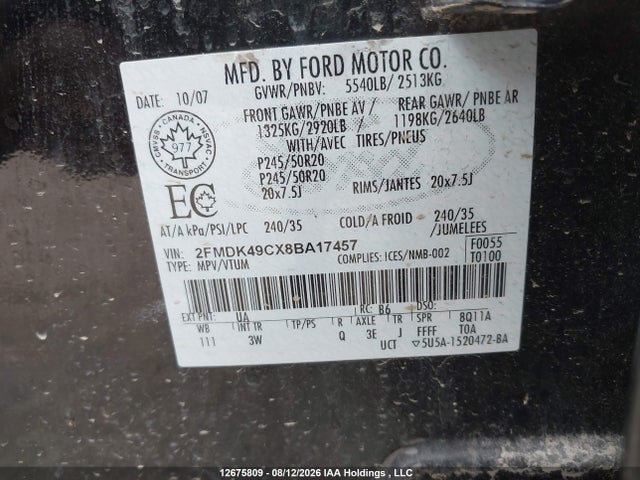 Продажа на аукционе авто 2008 Ford Edge Limited, vin: 2FMDK49CX8BA17457, номер лота: 12675809