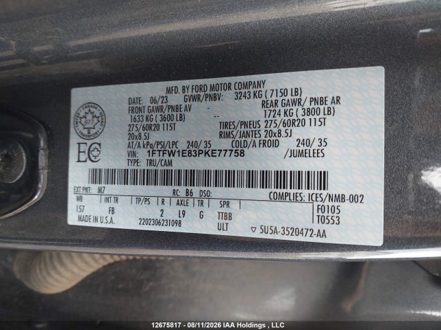 2023 Ford F-150 Xlt მანქანა იყიდება აუქციონზე, vin: 1FTFW1E83PKE77758, აუქციონის ნომერი: 12675817