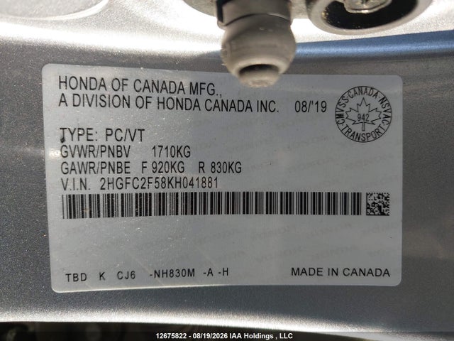 2019 Honda Civic Lx მანქანა იყიდება აუქციონზე, vin: 2HGFC2F58KH041881, აუქციონის ნომერი: 12675822