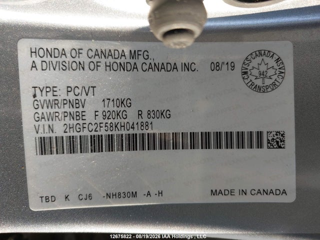 2019 Honda Civic Lx მანქანა იყიდება აუქციონზე, vin: 2HGFC2F58KH041881, აუქციონის ნომერი: 12675822