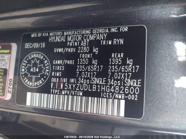 2017 Hyundai Santa Fe Sport მანქანა იყიდება აუქციონზე, vin: 5XYZUDLB1HG482600, აუქციონის ნომერი: 12675828