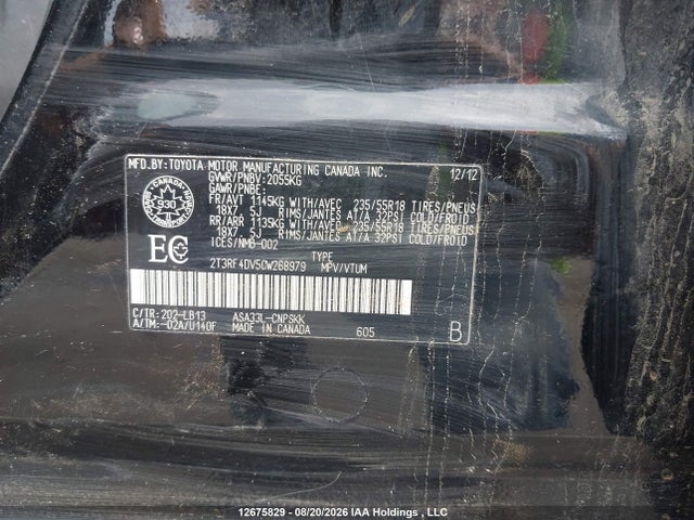 12675829 :رقم المزاد ، 2T3RF4DV5CW268979 vin ، 2012 Toyota Rav4 Sport مزاد بيع