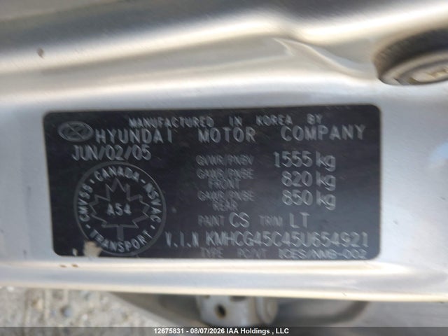 2005 Hyundai Accent Gl მანქანა იყიდება აუქციონზე, vin: KMHCG45C45U654921, აუქციონის ნომერი: 12675831