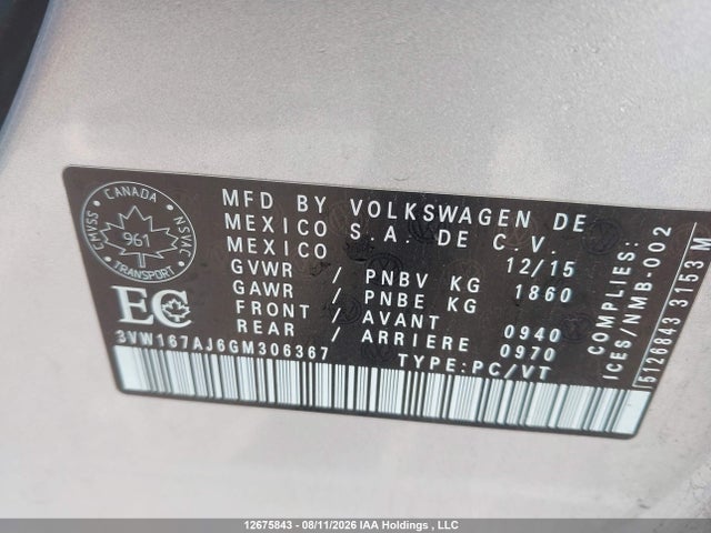 3VW167AJ6GM306367 Volkswagen JETTA S