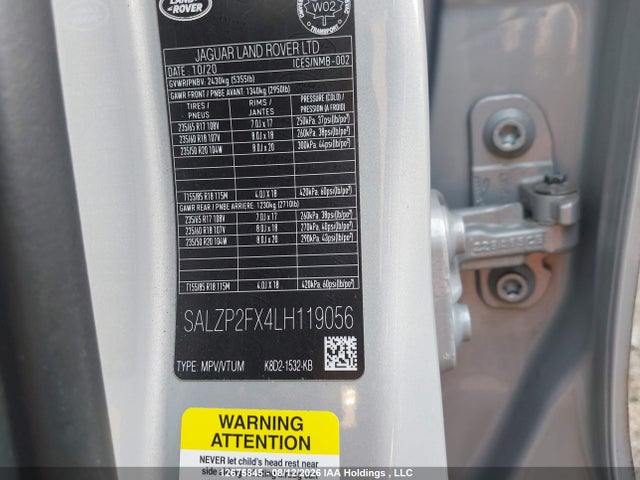 Aukcja sprzedaży 2020 Land Rover Range Rover Evoque P250 Se, vin: SALZP2FX4LH119056, numer aukcji: 12675845
