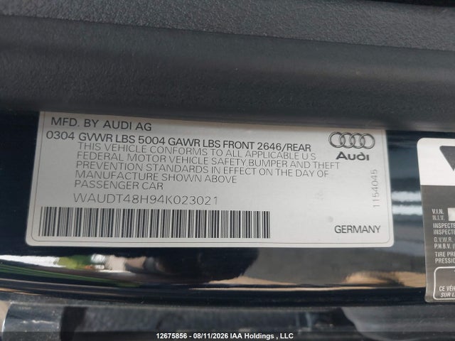 Aukcja sprzedaży 2004 Audi A4 Quattro, vin: WAUDT48H94K023021, numer aukcji: 12675856