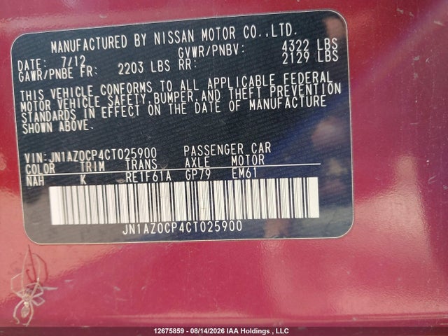 Aukcja sprzedaży 2012 Nissan Leaf, vin: JN1AZ0CP0CT025900, numer aukcji: 12675859