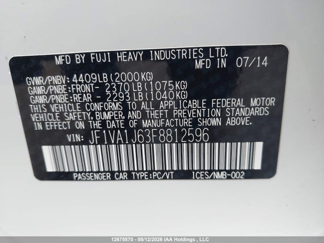 JF1VA1J63F8812596 Subaru Wrx Limited