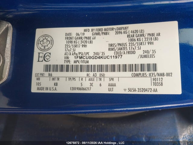 2019 Ford Escape Se მანქანა იყიდება აუქციონზე, vin: 1FMCU0GD4KUC11977, აუქციონის ნომერი: 12675872