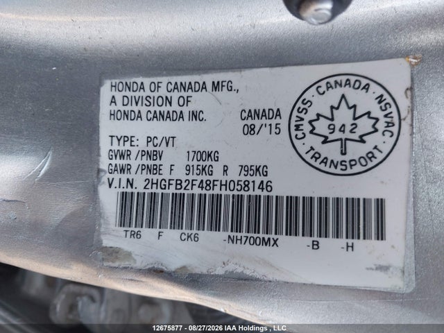 Honda Civic 2015 2HGFB2F48FH058146 Image 9