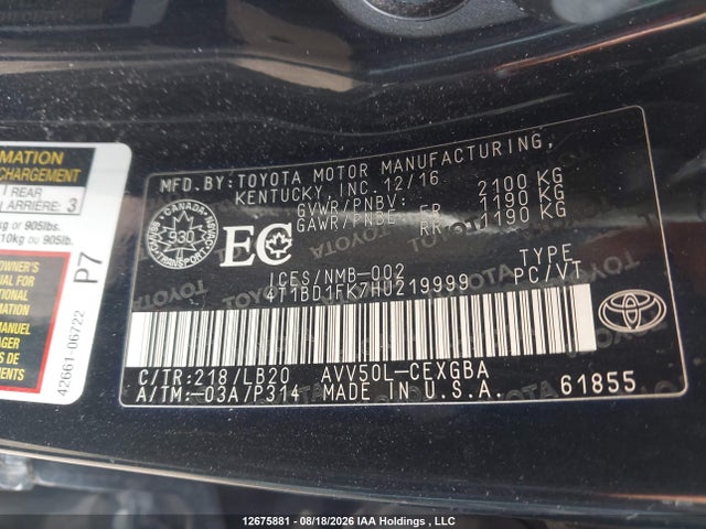 Auction sale of the 2017 Toyota Camry Hybrid/le/xle/se, vin: 4T1BD1FK7HU219999, lot number: 12675881