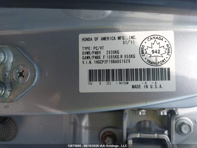 Продаж на аукціоні авто 2011 Honda Accord Ex, vin: 1HGCP2F79BA801629, номер лоту: 12675885