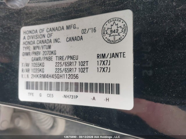 Aukcja sprzedaży 2016 Honda Cr-v Se, vin: 2HKRM4H45GH112056, numer aukcji: 12675890