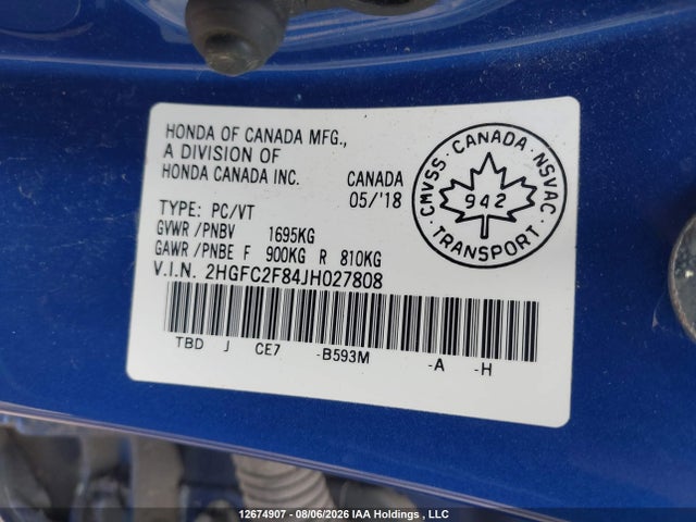 Aukcja sprzedaży 2018 Honda Civic Ex, vin: 2HGFC2F84JH027808, numer aukcji: 12674907