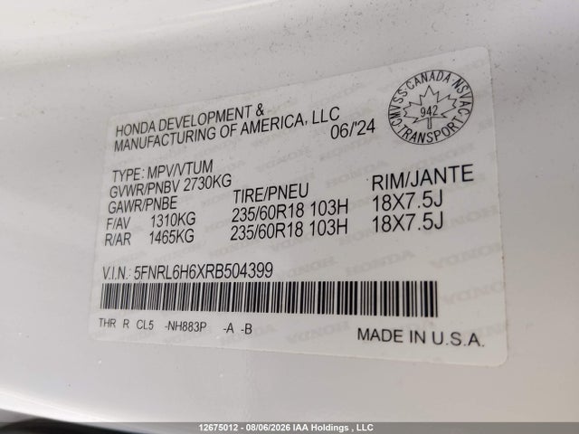 2024 Honda Odyssey Ex-l მანქანა იყიდება აუქციონზე, vin: 5FNRL6H6XRB504399, აუქციონის ნომერი: 12675012