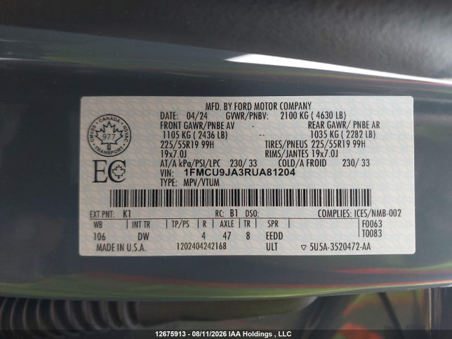 12675913 :رقم المزاد ، 1FMCU9JA3RUA81204 vin ، 2024 Ford Escape Platinum مزاد بيع