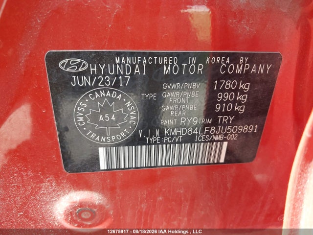 12675917 :رقم المزاد ، KMHD84LF8JU509891 vin ، 2018 Hyundai Elantra Gl Se مزاد بيع