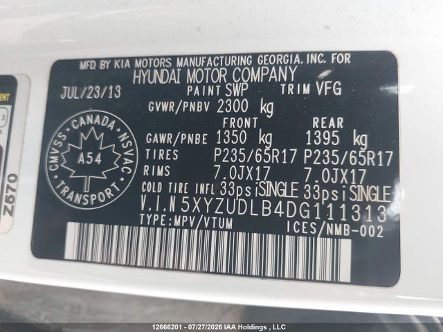 12666201 :رقم المزاد ، 5XYZUDLB4DG111313 vin ، 2013 Hyundai Santa Fe Sport مزاد بيع
