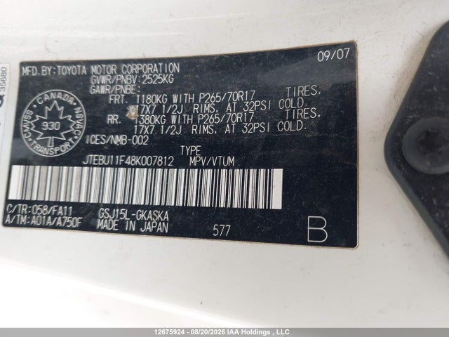 Aukcja sprzedaży 2008 Toyota Fj Cruiser, vin: JTEBU11F48K007812, numer aukcji: 12675924