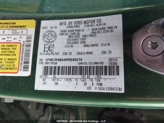 Продажа на аукционе авто 2024 Ford Bronco Sport Big Bend, vin: 3FMCR9B64RRE86216, номер лота: 12675929
