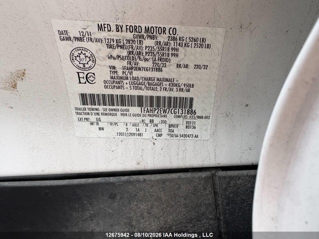2012 Ford Taurus Sel მანქანა იყიდება აუქციონზე, vin: 1FAHP2EW7CG131886, აუქციონის ნომერი: 12675942