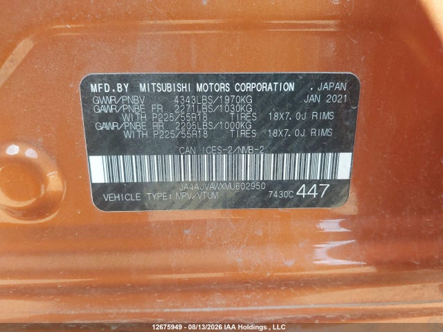 12675949 :رقم المزاد ، JA4AJVAWXMU602950 vin ، 2021 Mitsubishi Rvr Gt/le/se/sel مزاد بيع