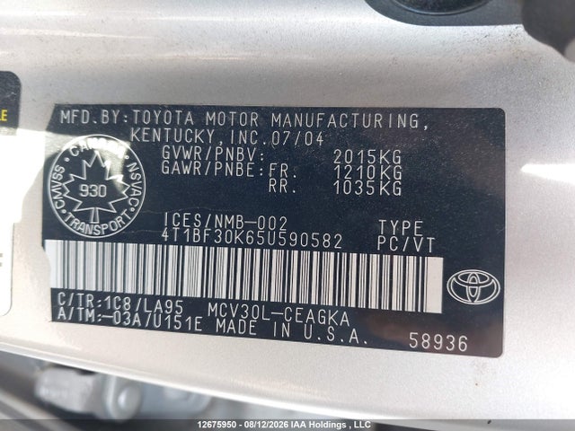 Aukcja sprzedaży 2005 Toyota Camry Le V6/xle V6, vin: 4T1BF30K65U590582, numer aukcji: 12675950