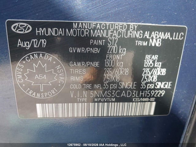 12675952 :رقم المزاد ، 5NMS3CAD3LH159229 vin ، 2020 Hyundai Santa Fe Sel/sel Plus مزاد بيع