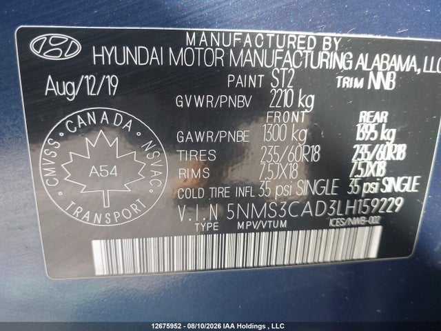 12675952 :رقم المزاد ، 5NMS3CAD3LH159229 vin ، 2020 Hyundai Santa Fe Sel/sel Plus مزاد بيع