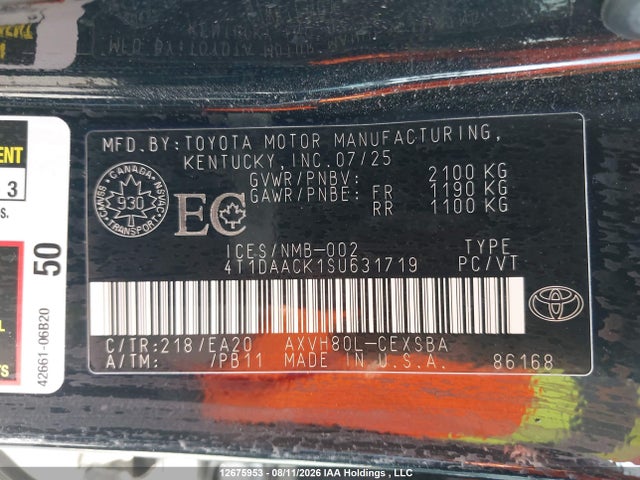 Продаж на аукціоні авто 2025 Toyota Camry Xse/xle/le/se, vin: 4T1DAACK1SU631719, номер лоту: 12675953