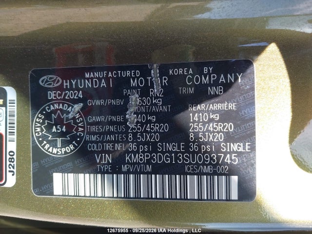 Aukcja sprzedaży 2025 Hyundai Santa Fe, vin: KM8P3DG13SU093745, numer aukcji: 12675955