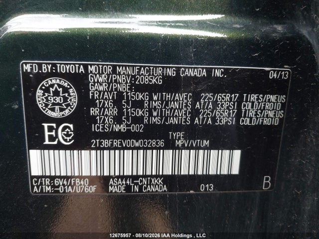 12675957 :رقم المزاد ، 2T3BFREV0DW032836 vin ، 2013 Toyota Rav4 Xle مزاد بيع