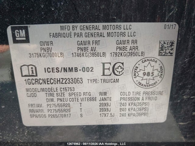 12675962 :رقم المزاد ، 1GCRCNEC6HZ233063 vin ، 2017 Chevrolet Silverado C1500/c1500 Ls مزاد بيع