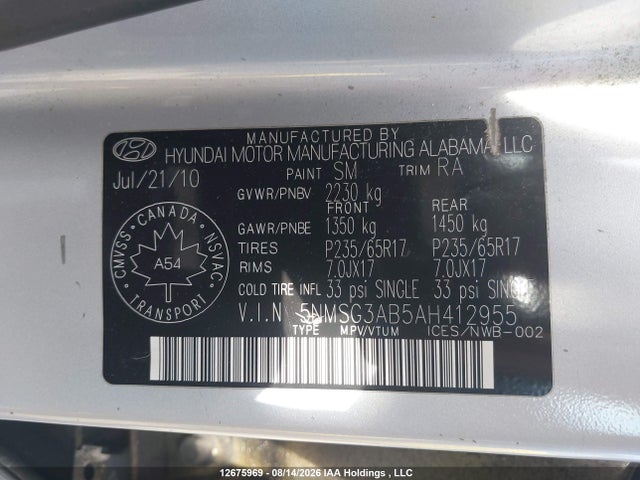 Aukcja sprzedaży 2010 Hyundai Santa Fe Gls, vin: 5NMSG3AB5AH412955, numer aukcji: 12675969