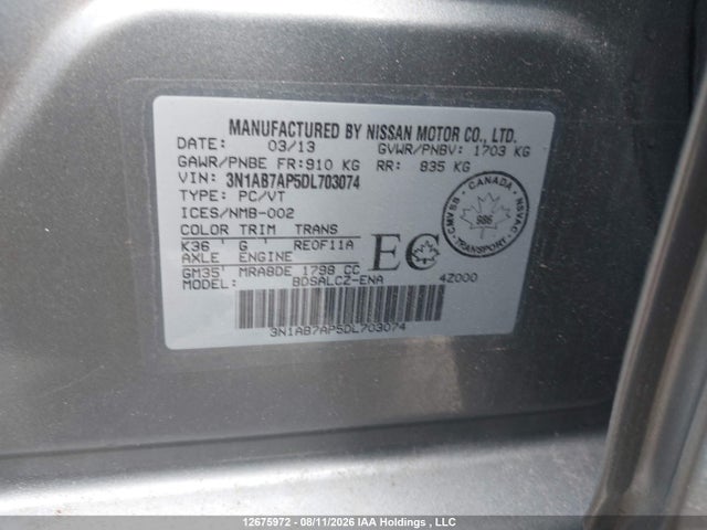 12675972 :رقم المزاد ، 3N1AB7AP5DL703074 vin ، 2013 Nissan Sentra S/sv/sr/sl مزاد بيع