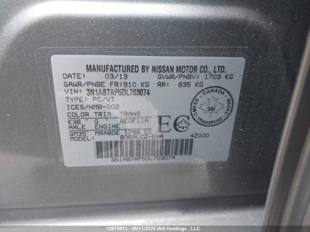 12675972 :رقم المزاد ، 3N1AB7AP5DL703074 vin ، 2013 Nissan Sentra S/sv/sr/sl مزاد بيع