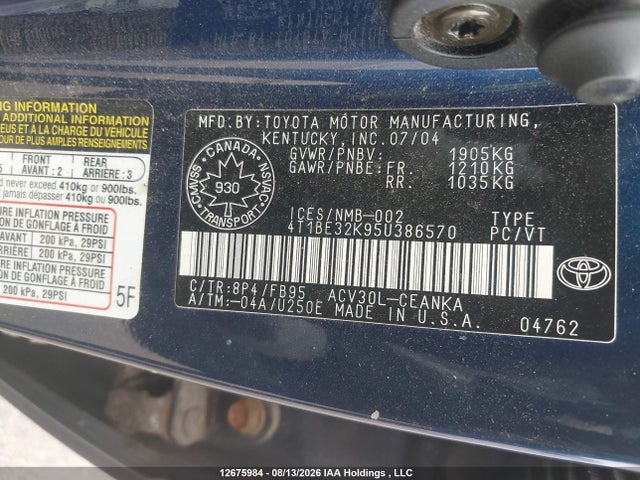 12675984 :رقم المزاد ، 4T1BE32K95U386570 vin ، 2005 Toyota Camry Le/se مزاد بيع