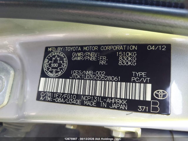 2012 Toyota Yaris მანქანა იყიდება აუქციონზე, vin: JTDKTUD35CD528061, აუქციონის ნომერი: 12675987