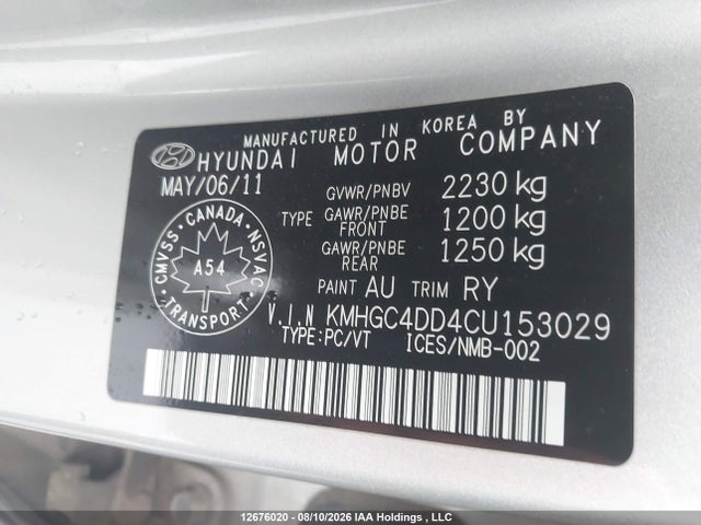 12676020 :رقم المزاد ، KMHGC4DD4CU153029 vin ، 2012 Hyundai Genesis 3.8 Technology مزاد بيع