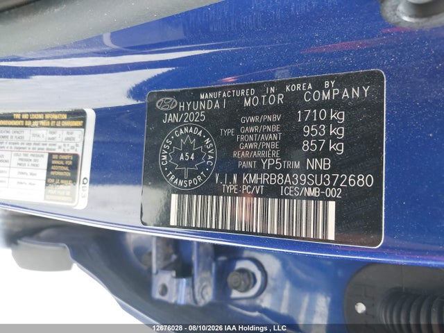 Продаж на аукціоні авто 2025 Hyundai Venue, vin: KMHRB8A39SU372680, номер лоту: 12676028