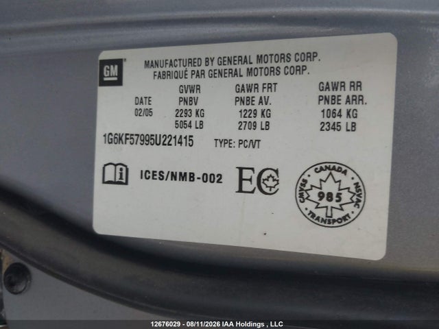 Aukcja sprzedaży 2005 Cadillac Deville Dts, vin: 1G6KF57995U221415, numer aukcji: 12676029