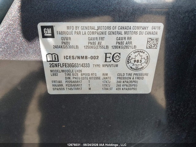 Aukcja sprzedaży 2016 Chevrolet Equinox Lt, vin: 2GNFLFE36G6314333, numer aukcji: 12676031