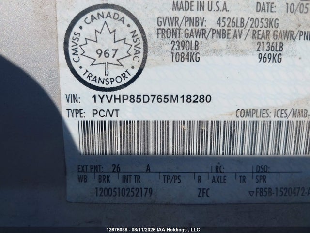 Продаж на аукціоні авто 2006 Mazda Mazda6 Gt-v6, vin: 1YVHP85D765M18280, номер лоту: 12676038