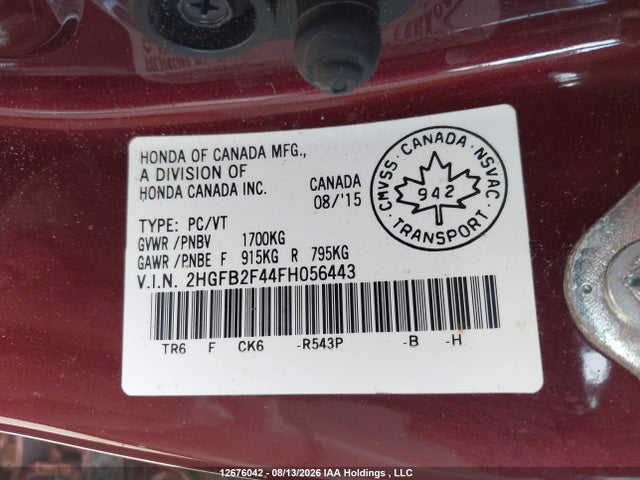 12676042 :رقم المزاد ، 2HGFB2F44FH056443 vin ، 2015 Honda Civic Lx مزاد بيع