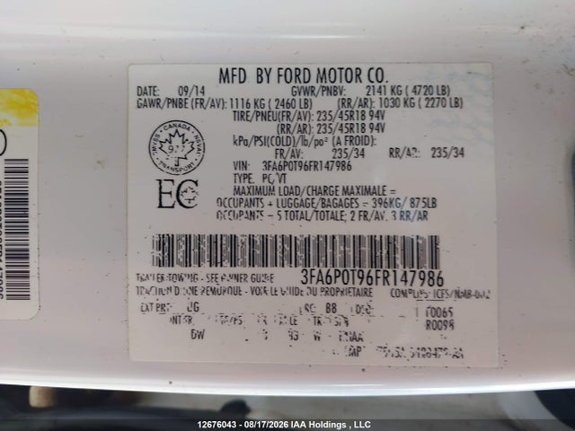 Ford FUSION SE 2015 3FA6P0T96FR147986 Image 9