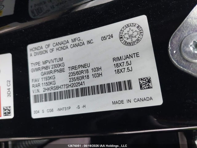 2HKRS6H77SH202541 Honda Cr-v Ex-l Hybrid