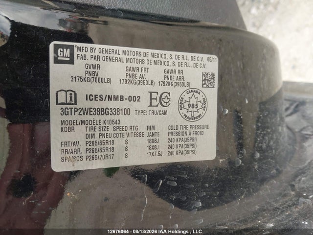 2011 Gmc Sierra 1500 Slt მანქანა იყიდება აუქციონზე, vin: 3GTP2WE38BG338100, აუქციონის ნომერი: 12676064